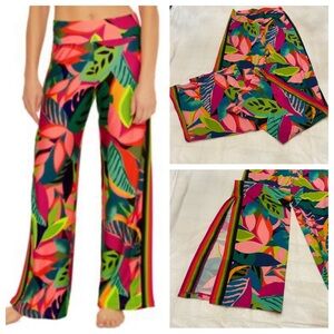 Trina Turk colorful tropical Leaf Print wide split leg Pants 2253